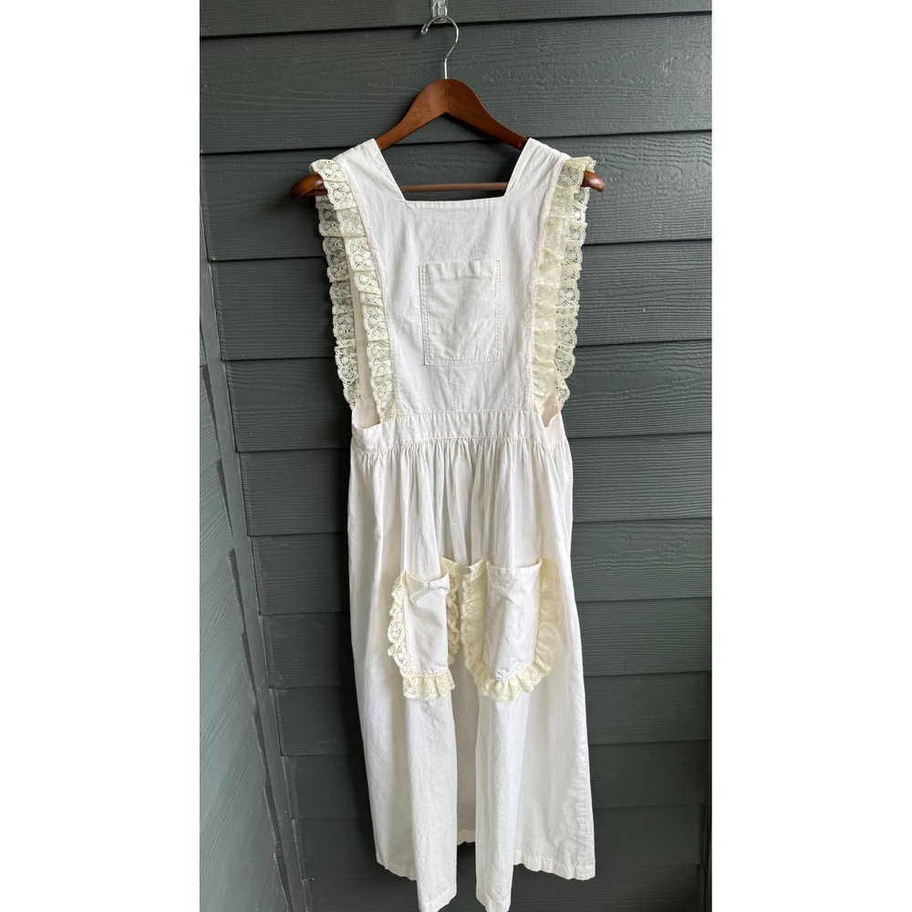 Handmade White Linen Cottagecore Prairie Apron Dress Lace Open Back One Size - Picture 4 of 10